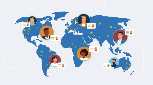 A cartoon map of the world with people highlighted in each country