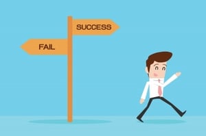 A cartoon person walks by a sign that shows Fail or Success