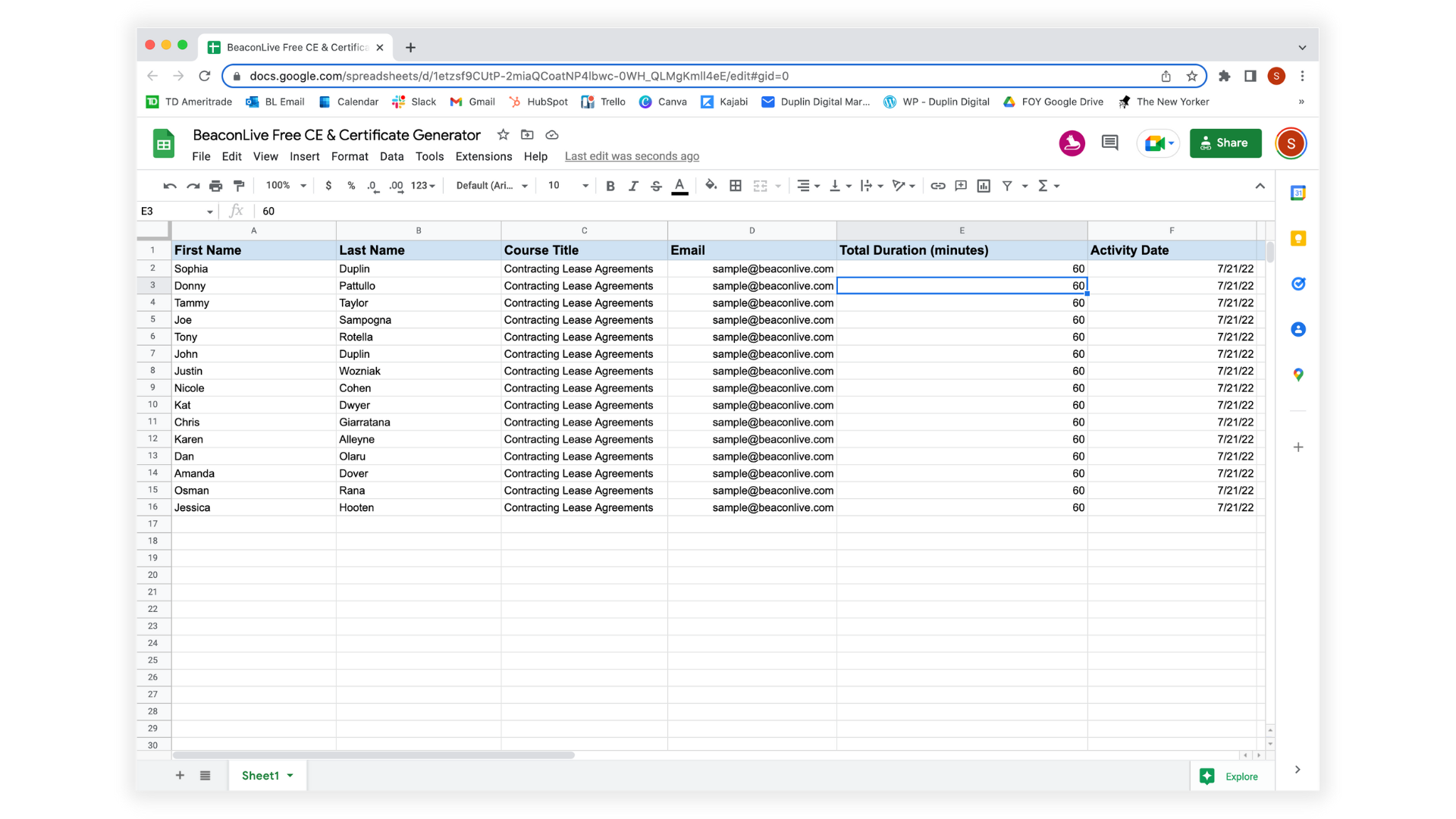 Generator Tool Spreadsheet Example